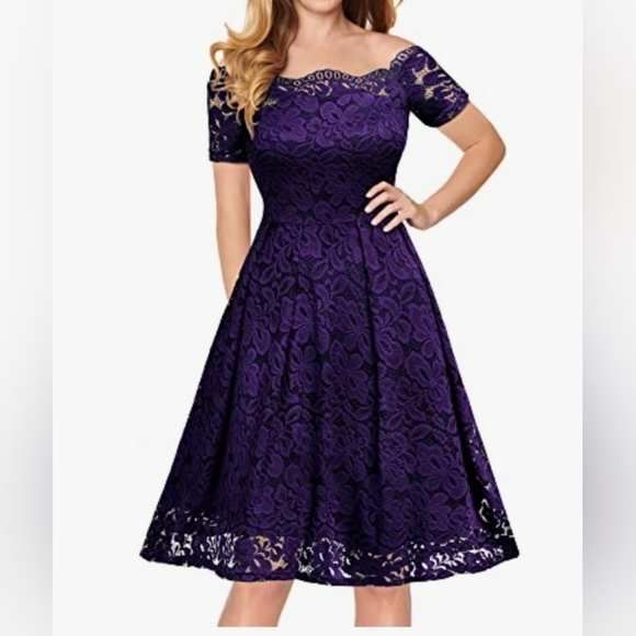 Elegant Purple Floral Lace Off-Shoulder Cocktail Swing Dress - Picture 1 of 7